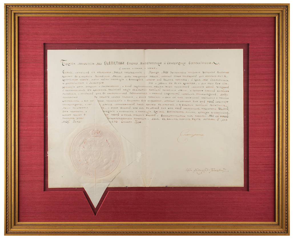 1769 document signed by Catherine the Great, est. $5,000-$7,000