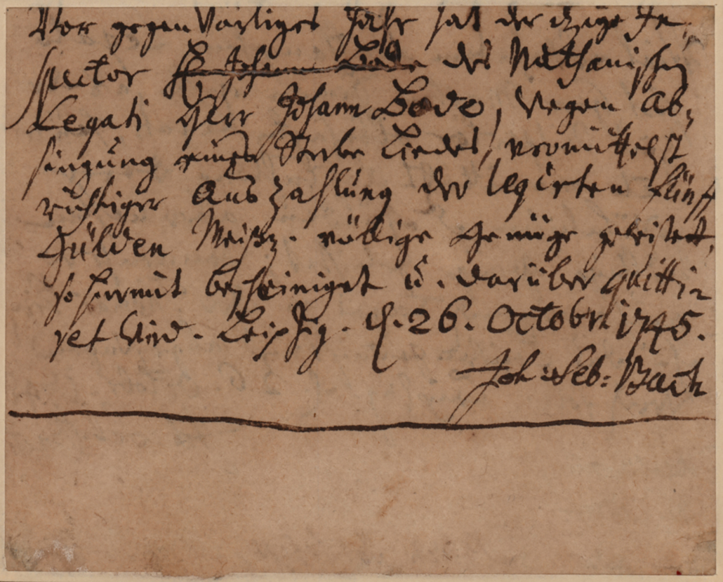 Handwritten receipt for a performance by Johann Sebastian Bach, signed twice by the musical genius, est. $300,000-$500,000