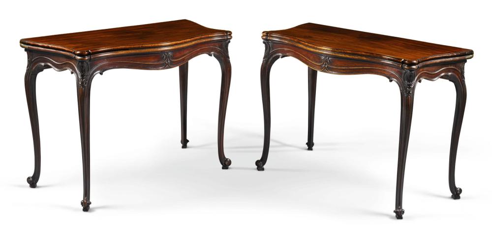  Pair of circa-1765 George III carved mahogany games tables, $37,500