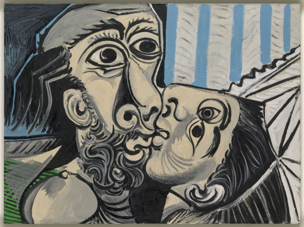Pablo Picasso, ‘Le Baiser (The Kiss).’ Mougins, October 26, 1969. Oil on canvas, 97cm by 130cm. Musee national Picasso-Paris. Acceptance in lieu Pablo Picasso, 1979. MP220. © 2021 Estate of Pablo Picasso / Artists Rights Society (ARS), New York