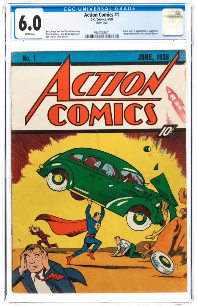 A copy of Action Comics No. 1 with a CGC Fine 6.0 grade sold for $3.1 million. The iconic Golden Age title features the debut of Superman. Image courtesy of Heritage Auctions