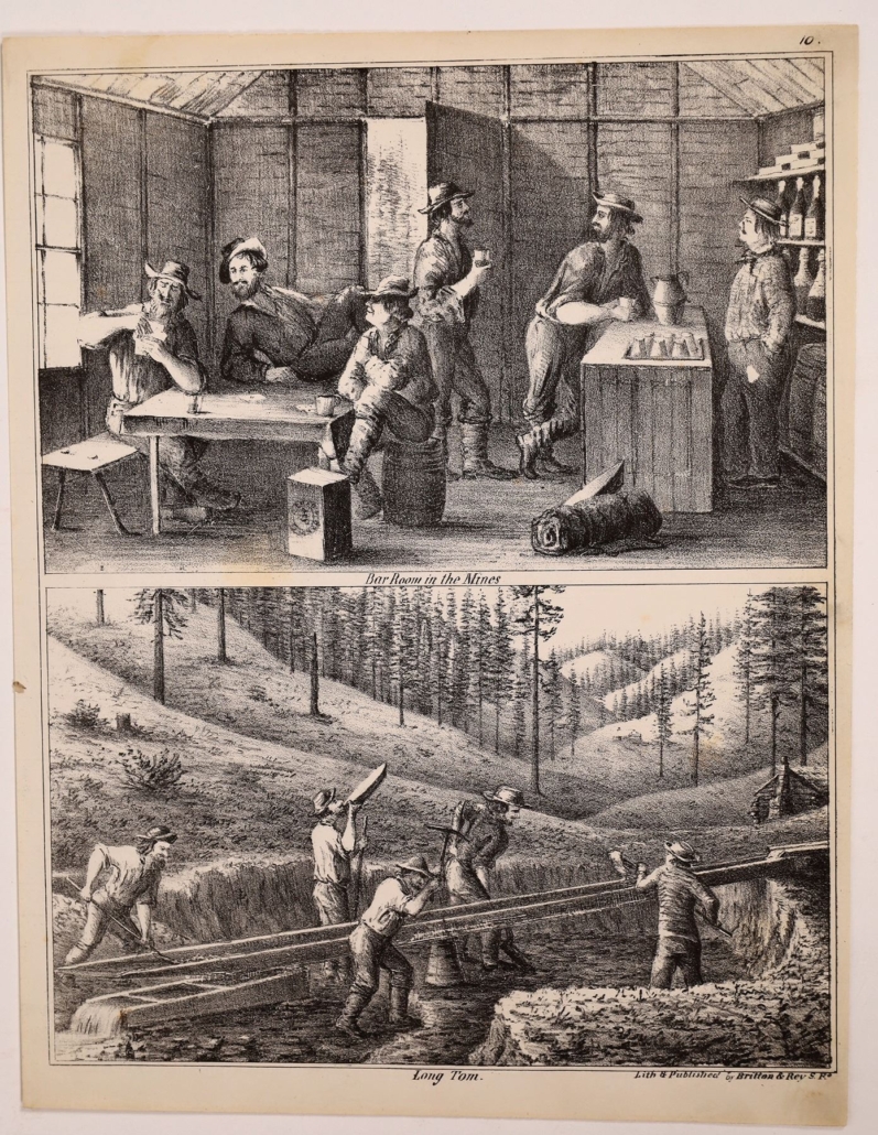 Britton & Rey lithograph depicting life scenes of gold miners in the 19th century, $1,625