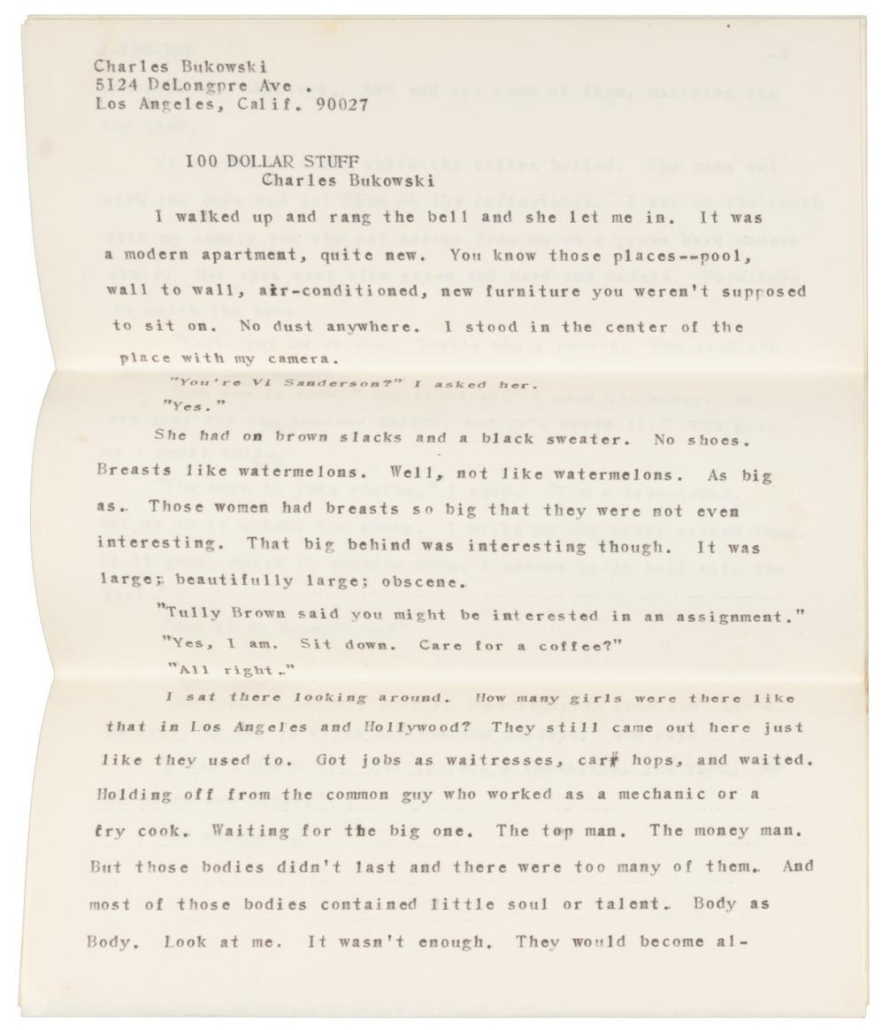 Charles Bukowski, unpublished typescript, ‘100 Dollar Stuff,’ est. $4,000-$6,000