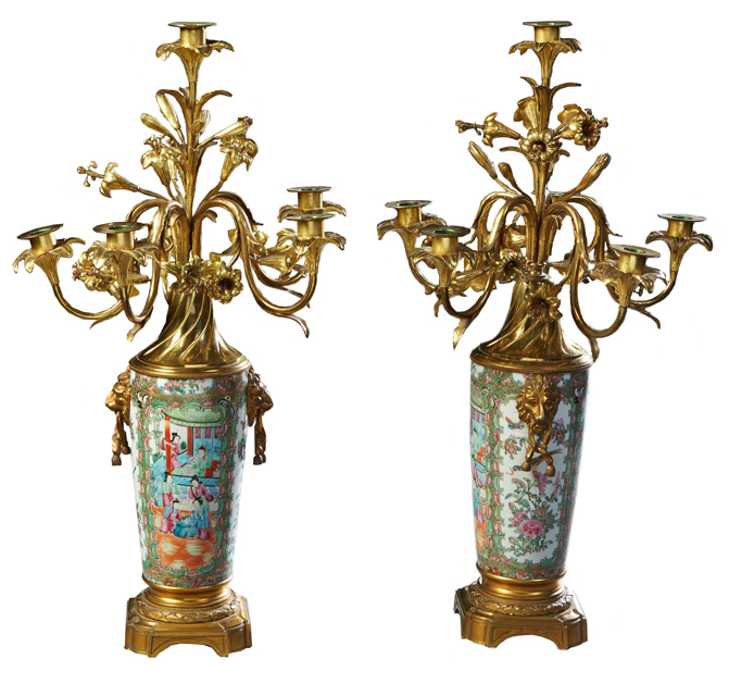 Pair of Chinese famille rose porcelain and gilt bronze six-light candelabra, est. $1,000-$2,000