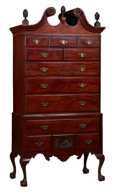 English carved mahogany Chippendale style highboy, est. $1,000-$2,000