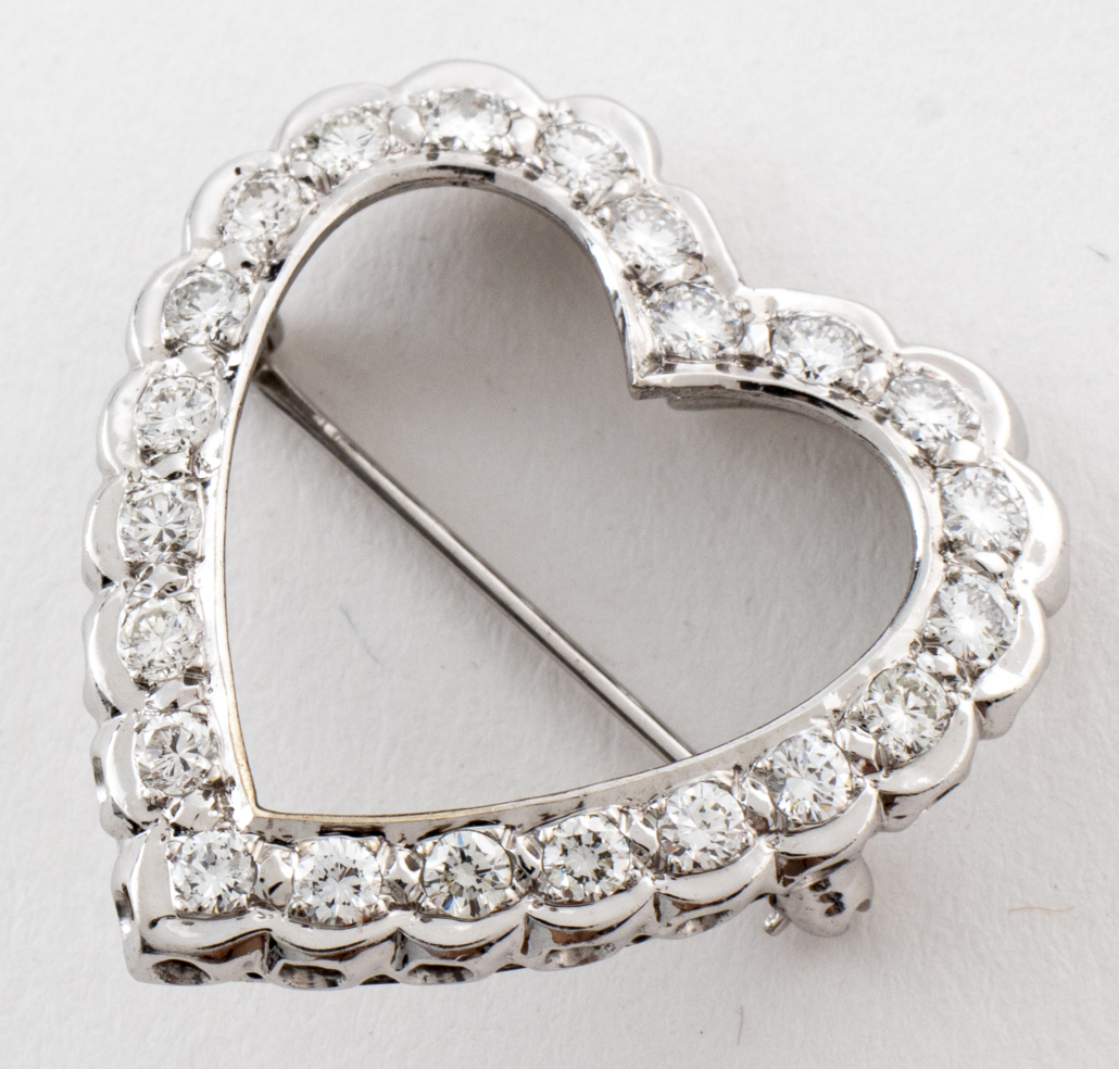 Palladium diamond heart brooch, est. $2,000-$3,000