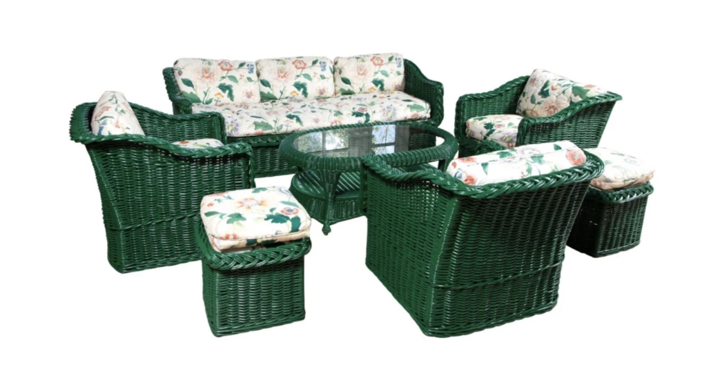 Group of upholstered green-painted wicker furniture, property of a residence designed by Hutton Wilkinson of Tony Duquette, Inc., $5,500 plus the buyer’s premium