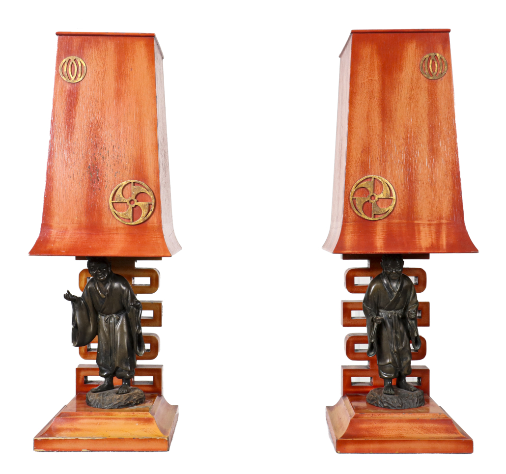 James Mont Asian Mid-century Modern pair of table lamps in cherry lacquer and carved wood, est. $2,000-$3,000