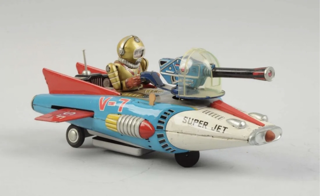 A Japanese tin litho Super Jet space toy sold for $750 plus the buyer’s premium in December 2015. Image courtesy of Dan Morphy Auctions and LiveAuctioneers.