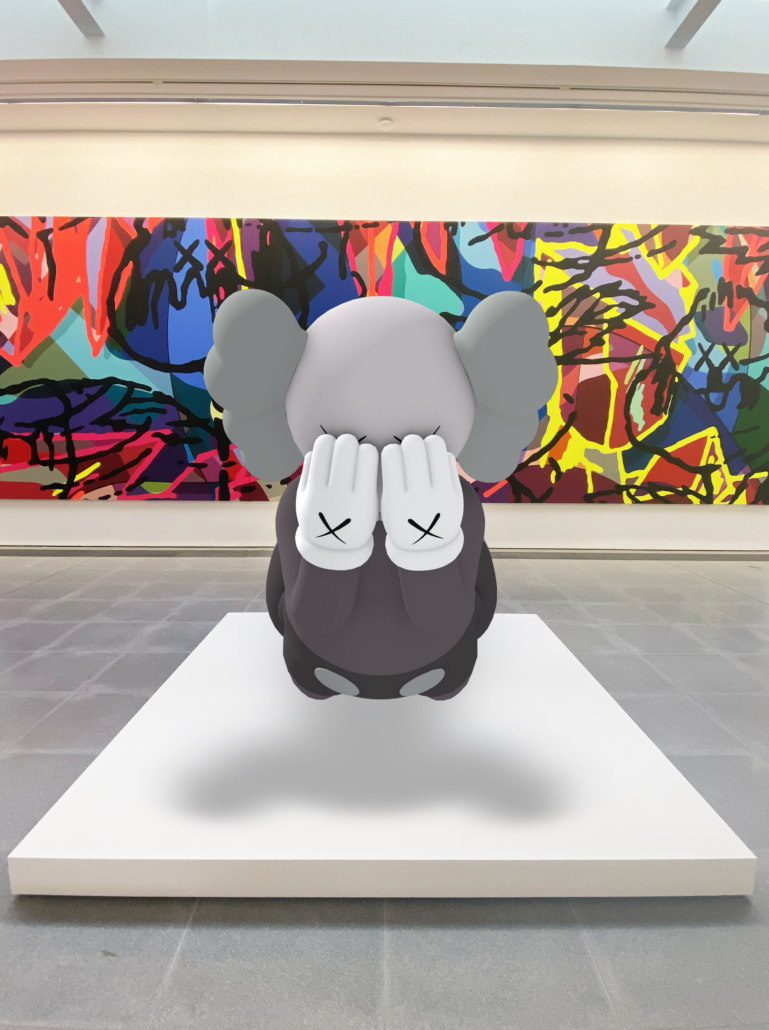KAWS, COMPANION (EXPANDED), 2020, an augmented reality sculpture at Serpentine North Gallery. Courtesy of KAWS and Acute Art.