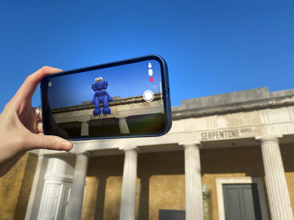 KAWS, SEEING, 2022, an augmented reality sculpture at Serpentine North Gallery. Courtesy of KAWS and Acute Art.