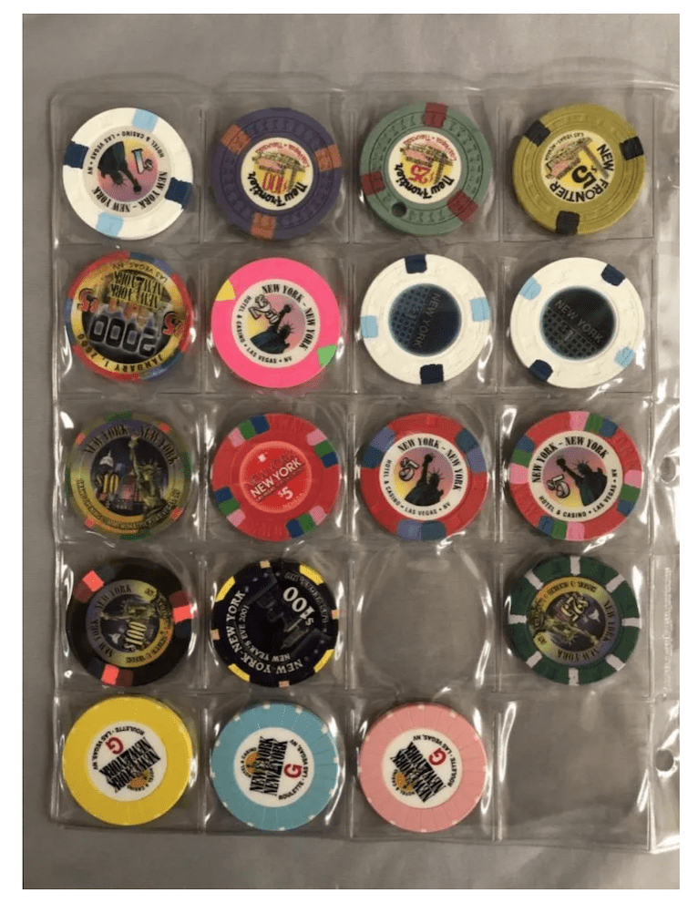Nearly 100 assorted chips from casinos with names starting with the letter M or N brought $875 plus the buyer’s premium in November 2021 at Weiss Auctions. Image courtesy of Weiss Auctions and LiveAuctioneers.