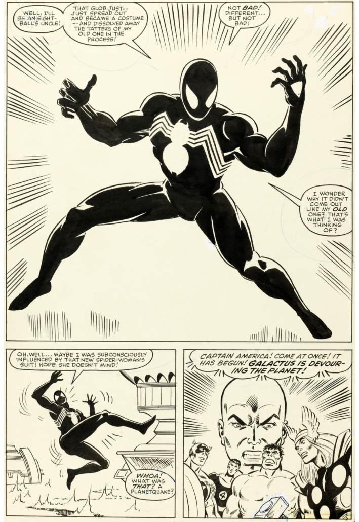 Original comic book artwork of page 25 from Secret Wars No. 8, rendered by Mike Zeck in 1984, commanded $3.3 million and a new world auction record. Image courtesy of Heritage Auctions