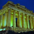 The Parthenon temple, shown at night. The A. Salinas Archaeological Museum in Sicily, Italy announced a four-year loan of a Parthenon frieze fragment to the Acropolis Museum in Athens, an act designed to nudge the British Museum and other European institutions to return their holdings of Parthenon marbles to Greece. Image courtesy of Wikimedia Commons, taken by Athanasios Benisis in September 2004 and shared under the Creative Commons Attribution-Share Alike 4.0 International license.