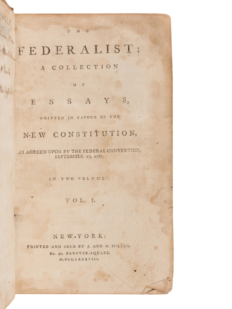1788 first edition of The Federalist Papers, $175,000