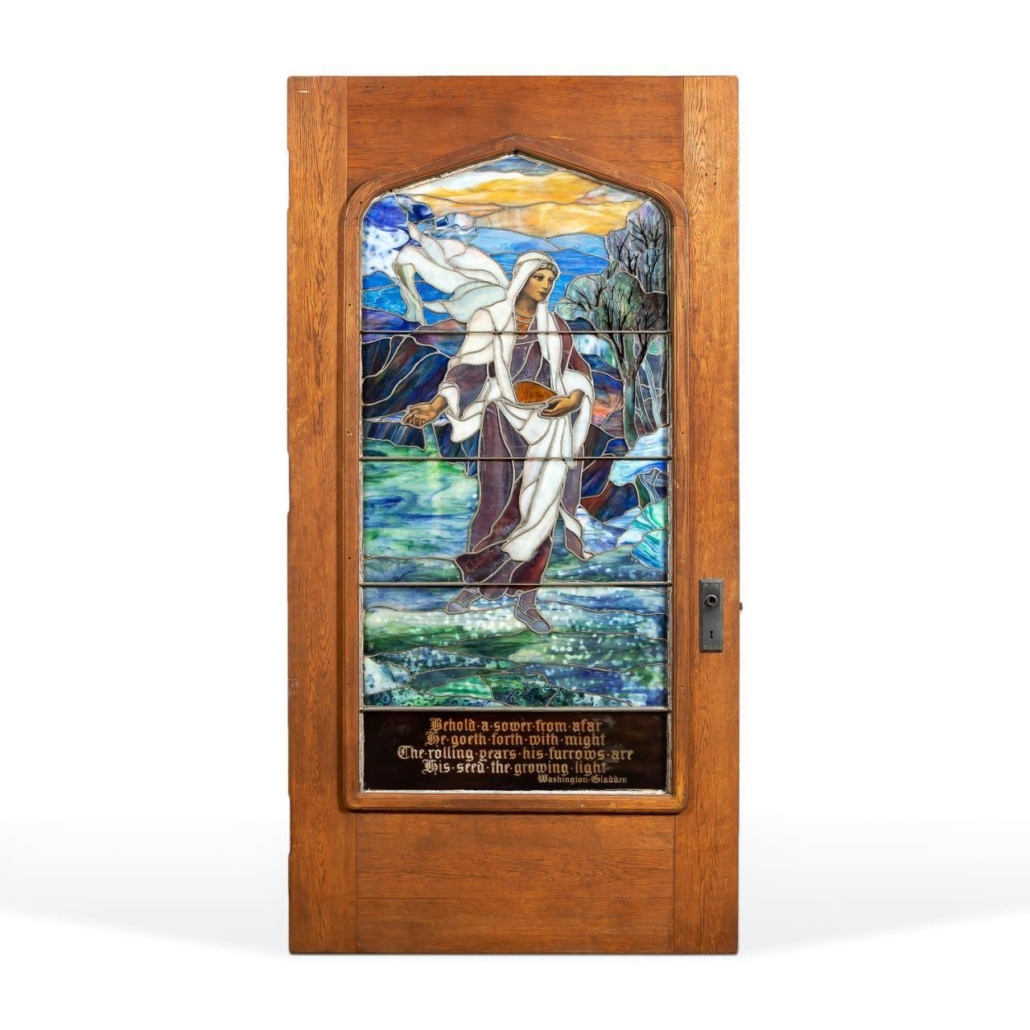 Circa-1920s Tiffany Studios leaded and plated favrile glass panel in oak door, titled ‘The Sower,’ est. $50,000-$100,000