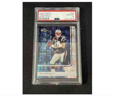 A 2002 Topps Finest X-Fractor Tom Brady card, one of just 20 made and the only example with a PSA grade of 10, goes to auction on Jan. 31. Images courtesy of Saco River Auction and LiveAuctioneers