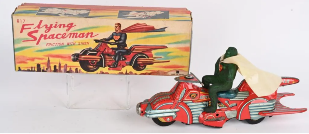 A Bandai Flying Spaceman cycle with box sold for $19,000 plus the buyer’s premium in December 2021 at Milestone Auctions. Image courtesy of Milestone Auctions and LiveAuctioneers.