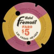 A $5 Faro casino chip from Las Vegas’ Hotel Fremont, drilled and notched by the casino to mark it as obsolete, brought $3,000 plus the buyer’s premium in January 2021 at Potter & Potter Auctions. Image courtesy of Potter & Potter Auctions and LiveAuctioneers.
