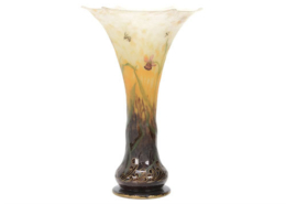 A Daum Nancy cameo art glass vase with floral, spider web and bee motifs sold for $11,000 plus the buyer’s premium in March 2021. Image courtesy of Woody Auction LLC and LiveAuctioneers
