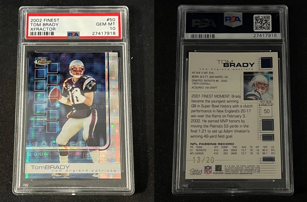 A 2002 Topps Finest X-Fractor Tom Brady card, one of just 20 made and the only example with a PSA grade of 10, goes to auction on Jan. 31. Images courtesy of Saco River Auction and LiveAuctioneers