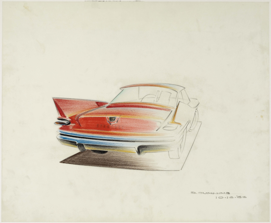 ‘1960 Chrysler,’ 1956, Dave Cummins, American; prismacolor on vellum. Collection of Brett Snyder.