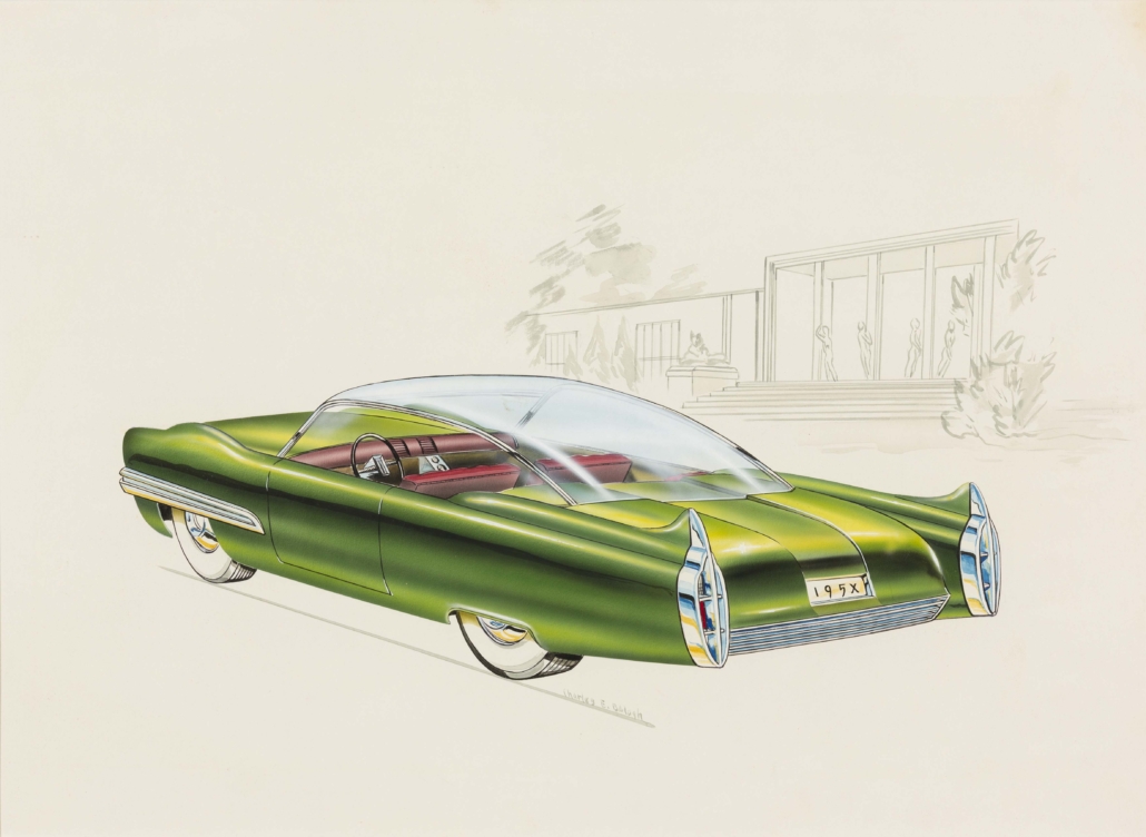 ‘Lincoln XL-500 Concept Car,’ 1952, Charles E. Balogh, American. Watercolor, gouache, airbrush, ink, graphite on illustration board. Collection of Robert L. Edwards and Julie Hyde-Edwards.