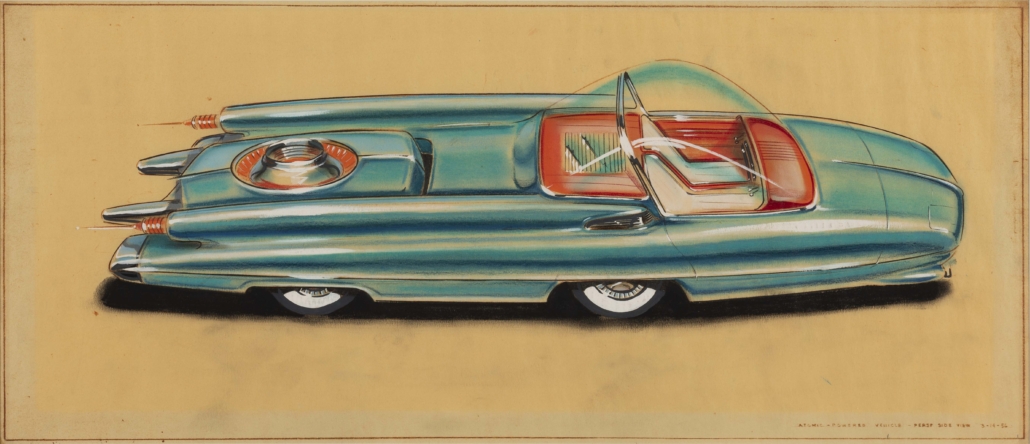 ‘Ford Nucleon Atomic Powered Vehicle, Rear Side View,’ 1956, Albert L. Mueller, American. Gouache, pastel, prismacolor, brown-line print on vellum. Collection of Robert L. Edwards and Julie Hyde-Edwards.