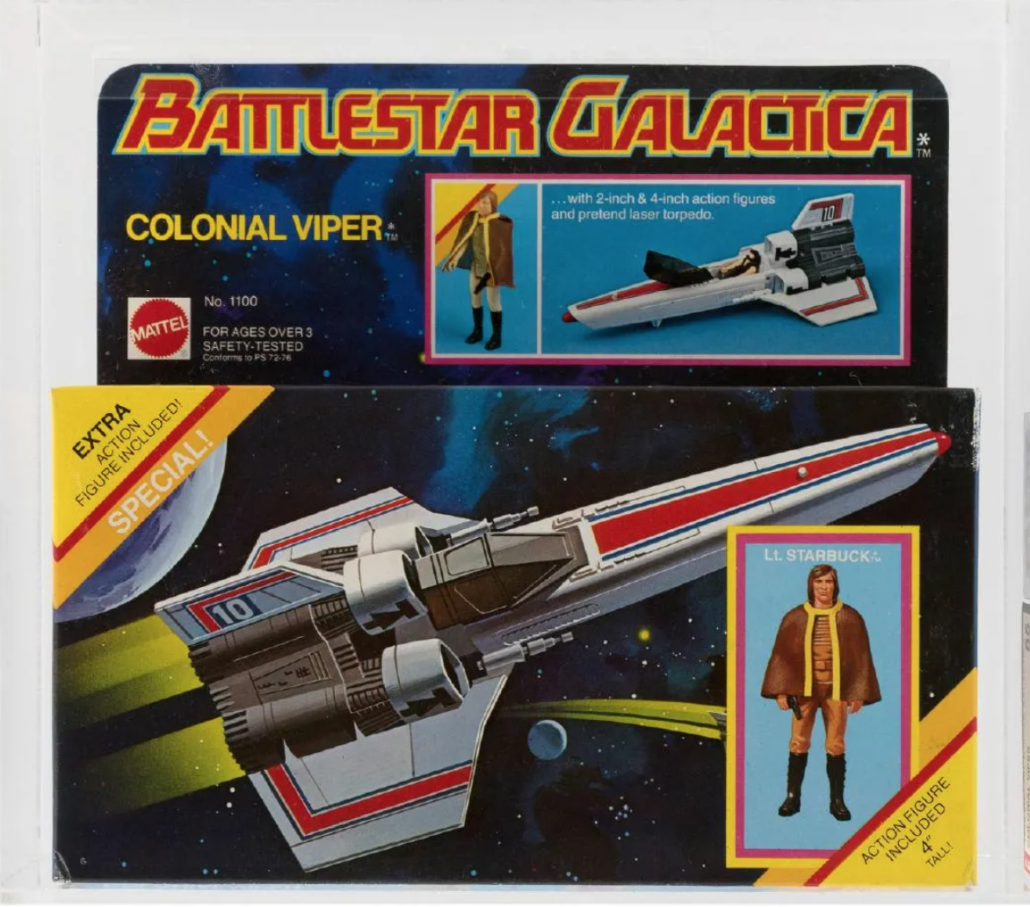 A special offer version of the Battlestar Galactica Colonial Viper ship with its prized Lt. Starbuck action figure realized $2,420 plus the buyer’s premium in March 2018 at Hake’s Auctions. Image courtesy of Hake’s Auctions and LiveAuctioneers.