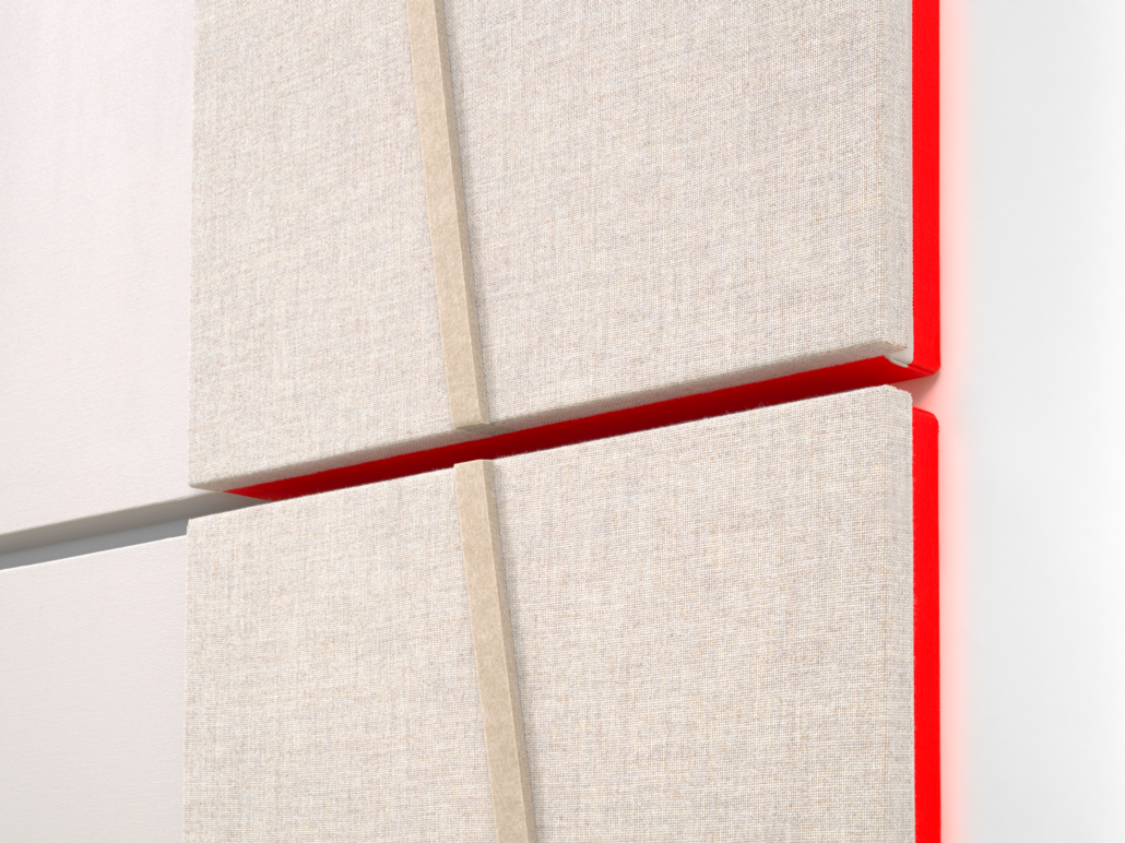 Jennie C. Jones, ‘Fractured Extension/Broken Time’, 2021 (detail).  Acoustic absorber panel, architectural felt, and acrylic on canvas in two parts, 121.9cm by 121.9cm by 7.6cm each. © Jennie C. Jones, courtesy Alexander Gray Associates, New York and PATRON Gallery, Chicago