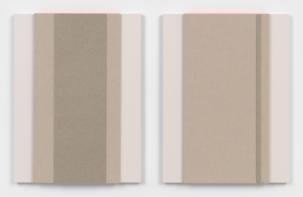 Jennie C. Jones, ‘Neutral [clef] Structure 1st & 2nd,’ 2021. Acoustic panel and acrylic on canvas, diptych, 121.9cm by 91.4cm by 8.9cm each. © Jennie C. Jones, courtesy Alexander Gray Associates, New York and PATRON Gallery, Chicago