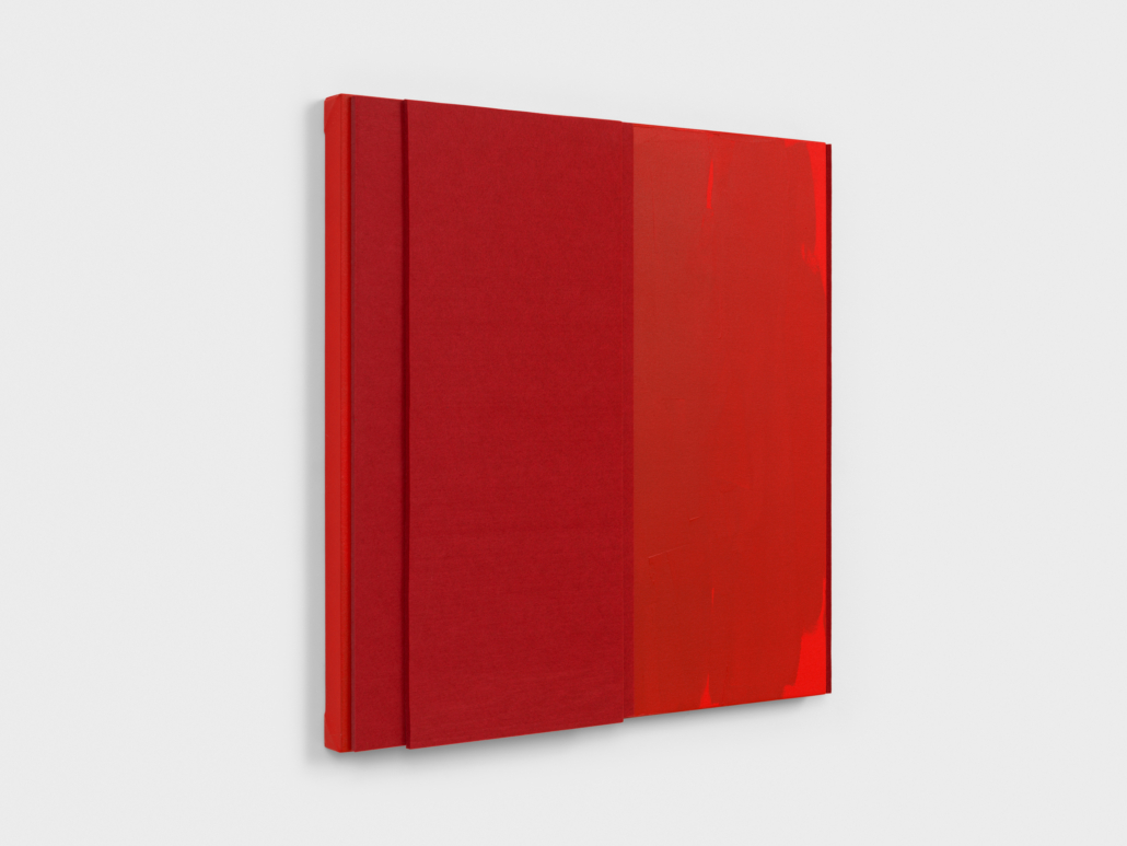Jennie C. Jones, ‘Red Tone Burst #2,’ 2021. Architectural felt panel and acrylic on canvas, 77.5cm by 76.2cm by 6.3cm. © Jennie C. Jones, courtesy Alexander Gray Associates, New York and PATRON Gallery, Chicago