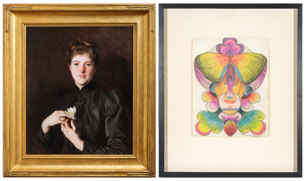 Left: John Singer Sargent, ‘Mrs. Augustus Hemenway,’ 1890 oil on canvas. Reynolda House Museum of American Art, Gift of Mr. and Mrs. Leslie Baker. Right: Minnie Evans, ‘Untitled,’ 1948 ink and crayon on paper. Reynolda House Museum of American Art, Gift of Mr. and Mrs. Leslie Baker, (c) Estate of Minnie Evans