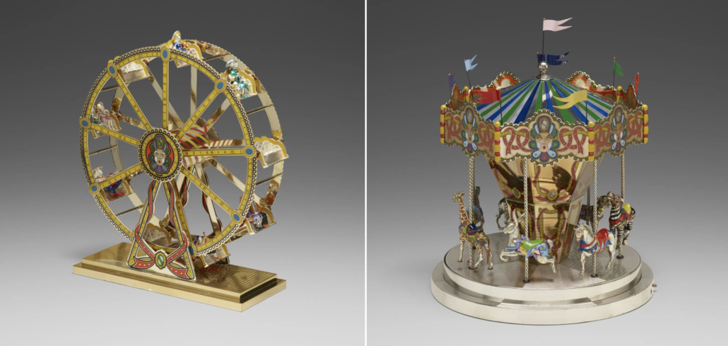 Left, Gene Moore for Tiffany & Co., Ferris Wheel; Right, Gene Moore for Tiffany & Co., Carousel; both individually estimated at $30,000-$50,000
