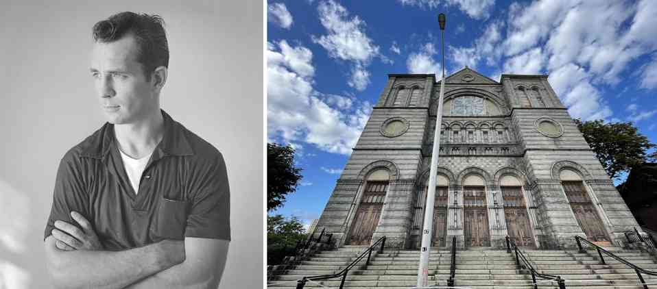 Beat Generation novelist Jack Kerouac’s namesake foundation announced plans to build a Jack Kerouac Museum and Performance Center in the Lowell, Massachusetts church where he served as an altar boy and which hosted his funeral Mass. Circa-1956 image of Kerouac courtesy of Wikimedia Commons, photo credit Tom Palumbo, and shared under the Creative Commons Attribution-Share Alike 2.0 Generic license. Image of the exterior of St. Jean Baptiste Church courtesy of Sylvia Cunha and the Jack Kerouac Estate.