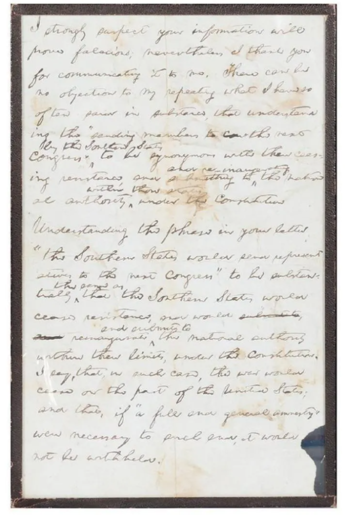 This Abraham Lincoln letter, dated December 12, 1863, from the Peck family estate, offered pardon to those participating in the “existing rebellion” if they took an oath to the Union. It achieved $32,250 plus the buyer’s premium in June 2019. Image courtesy of Turner Auctions + Appraisals and LiveAuctioneers.