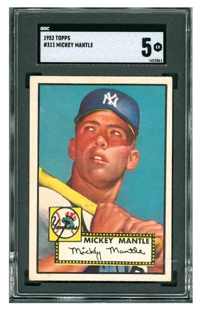 A 1952 Topps #311 Mickey Mantle card, graded SGC Ex 5, realized $89,100 plus the buyer’s premium in March 2021 at RR Auction. Image courtesy of RR Auction and LiveAuctioneers.