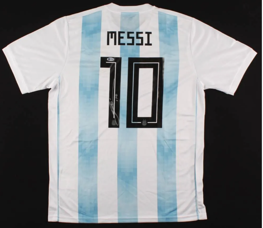 A signed Lionel Messi signed jersey sold for $1,187 plus the buyer’s premium at Canuck Auctions in September 2020. Image courtesy of Canuck Auctions and LiveAuctioneers.