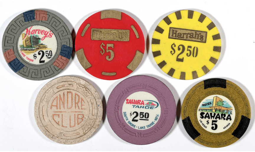 A set of six vintage chips, mostly from Nevada casinos, realized $3,100 plus the buyer’s premium in October 2021 at Holabird Western Americana Collections. Image courtesy of Holabird Western Americana Collections and LiveAuctioneers.