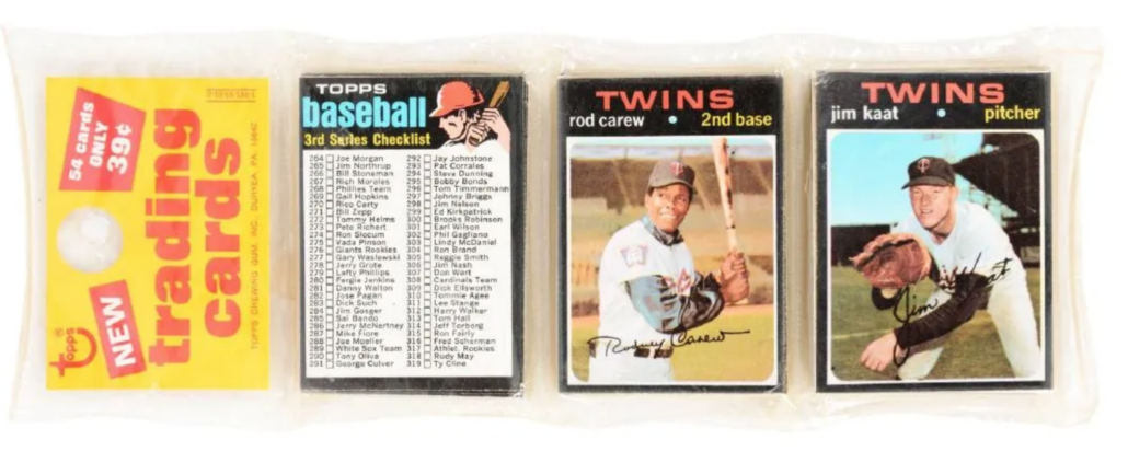 A 1971 Topps baseball 54-card rack pack that included Rod Carew made $2,250 plus the buyer’s premium in October 2017 at Dan Morphy Auctions. Image courtesy of Dan Morphy Auctions and LiveAuctioneers.