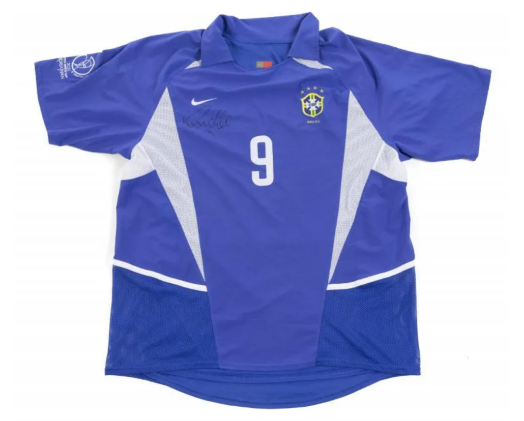 A 2002 World Cup match-worn jersey signed by Ronaldo Luis Nazario de Lima, aka Ronaldo or The Phenomenon, achieved $7,000 plus the buyer’s premium in May 2020 at Julien’s Auctions. Image courtesy of Julien’s Auctions and LiveAuctioneers.