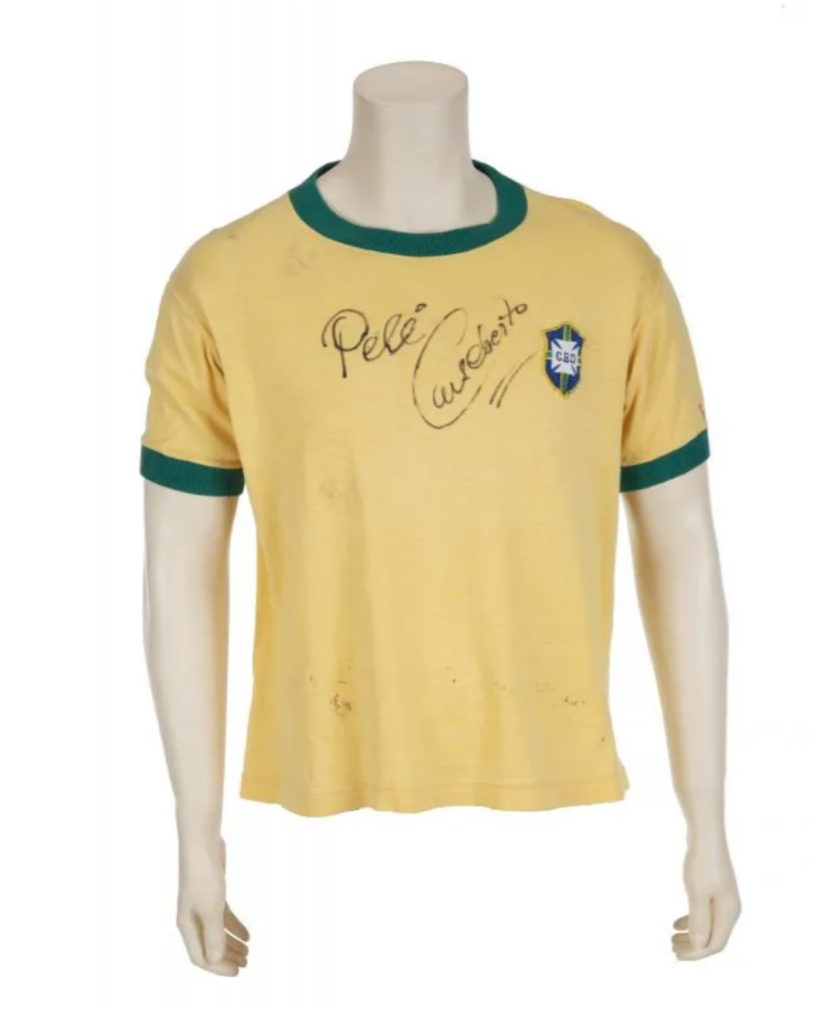 A match-worn jersey from the 1970 World Cup, signed by Pele and team captain Carlos Alberto Torres, sold for $8,000 plus the buyer’s premium in May 2020 at Julien’s Auctions. Image courtesy of Julien’s Auctions and LiveAuctioneers.