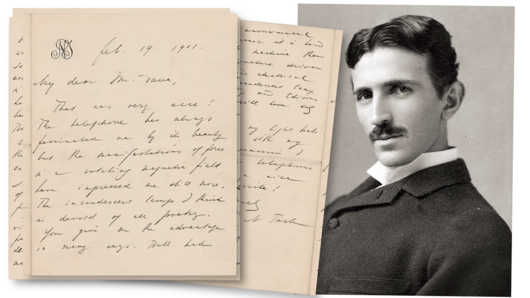 Four-page handwritten letter by Nikola Tesla, musing on how he ranks against his inventor peers Thomas Edison and Alexander Graham Bell, est. $125,000-$150,000