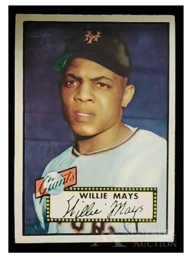 A 1952 Topps baseball card featuring New York Giants Hall of Fame outfielder Willie Mays brought $11,000 in May 2021 at Alderfer Auction. Image courtesy of Alderfer Auction and LiveAuctioneers.