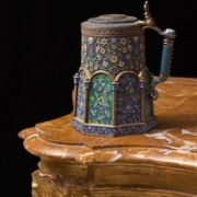 Silver plique-a-jour and cloisonne tankard, created in 1892 by the Russian jewelry and silversmith firm Pavel Ovchinnikov, est. $30,000-$50,000