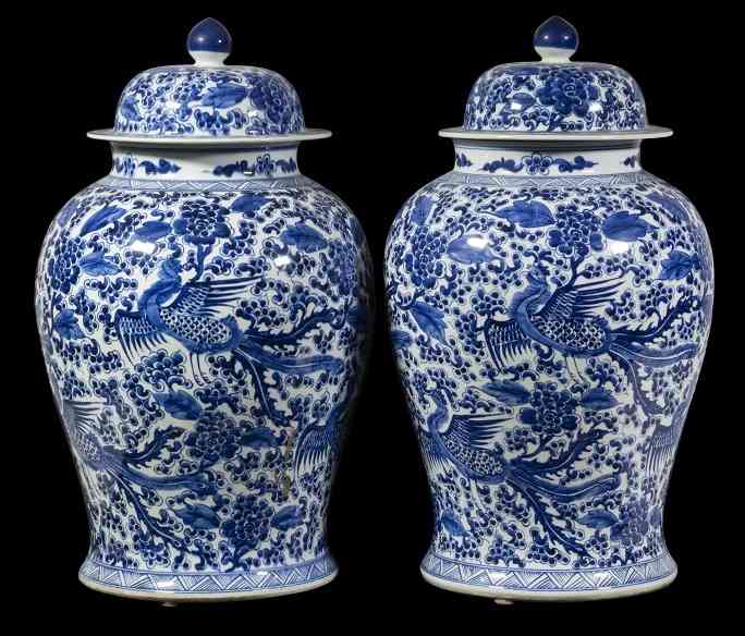 Pair of Chinese blue and white porcelain lidded temple jars, est. $1,500-$2,500