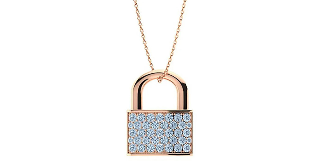 A padlock-form necklace in 14K rose gold, decorated with slightly more than a third of a carat of aquamarine stones, achieved $511,000 plus the buyer’s premium at 3 Kings Auction in September 2021. Image courtesy of 3 Kings Auction and LiveAuctioneers.