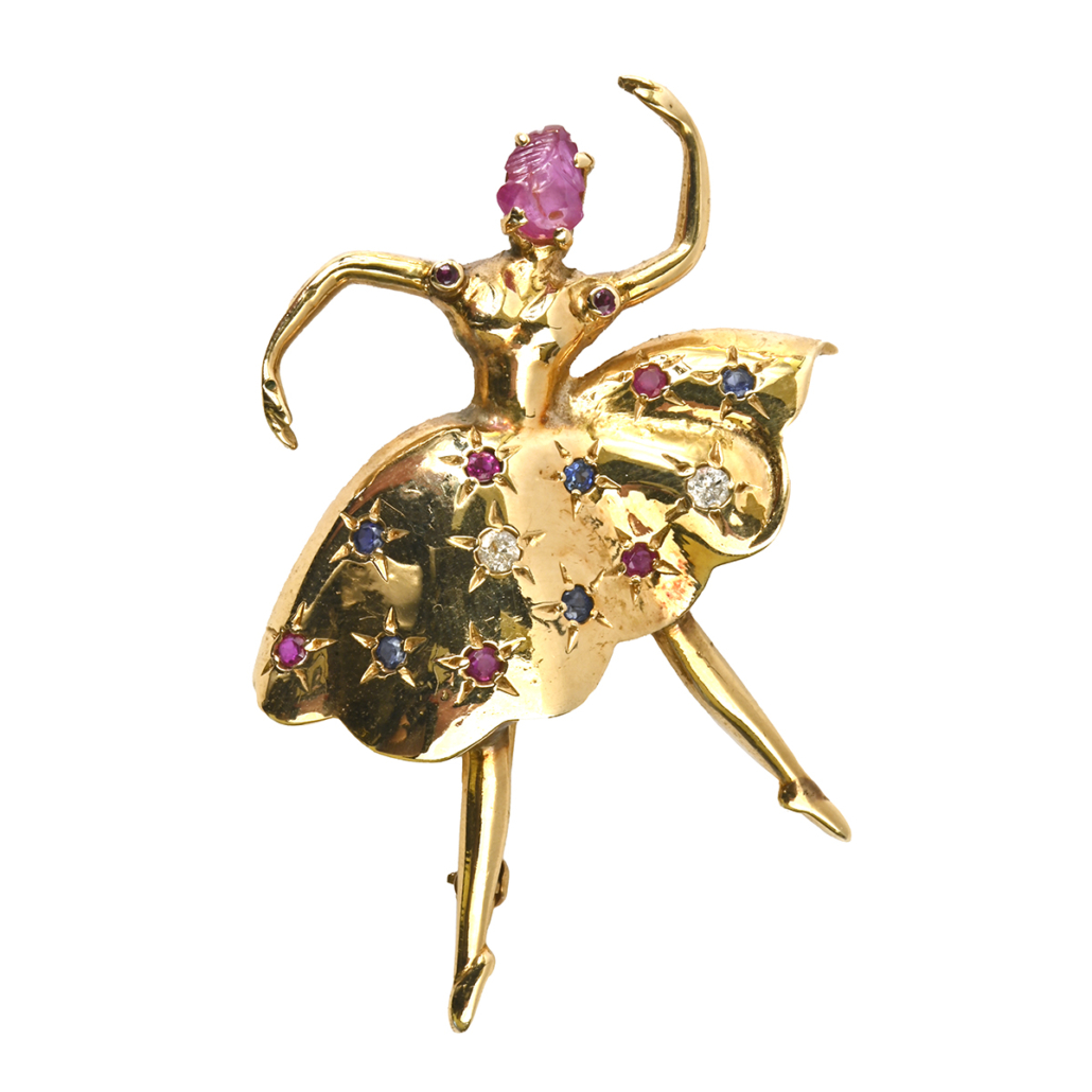 14K yellow gold bejeweled ballerina brooch, est. $300-$500