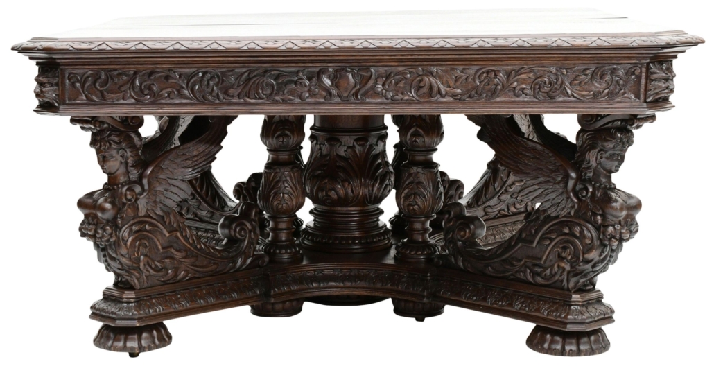 Hertz Brothers figural carved oak banquet table, $35,000