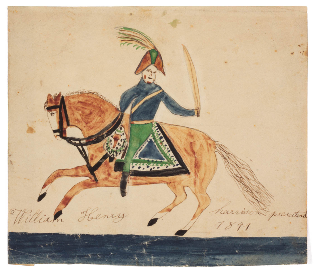 19th-century folk art drawing of William Henry Harrison on horseback, est. $1,000-$2,000